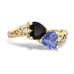 Onyx Snuggling Hearts 14K Yellow Gold ring R2178