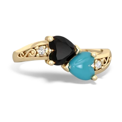 Onyx Snuggling Hearts 14K Yellow Gold ring R2178