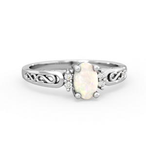 Opal Filligree Scroll Oval 14K White Gold ring R0812