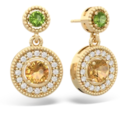 Peridot Halo Dangle 14K Yellow Gold earrings E5319