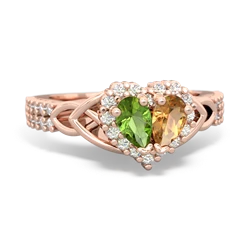 Peridot Celtic Knot Two Hearts As One 14K Rose Gold ring R2644HRT