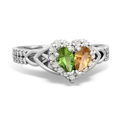 Peridot Celtic Knot Two Hearts As One 14K White Gold ring R2644HRT