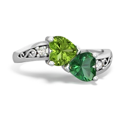 Peridot Snuggling Hearts 14K White Gold ring R2178