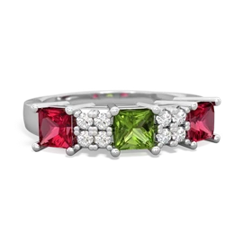 Peridot Three Stone Diamond Cluster 14K White Gold ring R2592