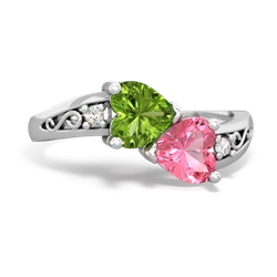 Peridot Snuggling Hearts 14K White Gold ring R2178