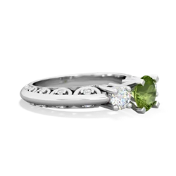 Peridot Art Deco Diamond 6Mm Round Engagment 14K White Gold ring R2003