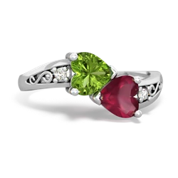 Peridot Snuggling Hearts 14K White Gold ring R2178