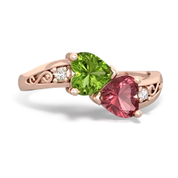 Peridot Snuggling Hearts 14K Rose Gold ring R2178