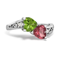 Peridot Snuggling Hearts 14K White Gold ring R2178