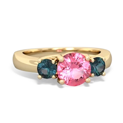 Lab Pink Sapphire Three Stone Round Trellis 14K Yellow Gold ring R4018