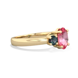 Lab Pink Sapphire Three Stone Oval Trellis 14K Yellow Gold ring R4024