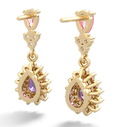 Lab Pink Sapphire Halo Pear Dangle 14K Yellow Gold earrings E1882