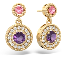 Lab Pink Sapphire Halo Dangle 14K Yellow Gold earrings E5319
