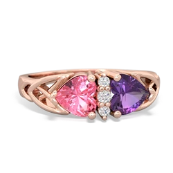 Lab Pink Sapphire Celtic Knot Double Heart 14K Rose Gold ring R5040