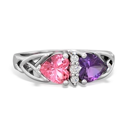 Lab Pink Sapphire Celtic Knot Double Heart 14K White Gold ring R5040