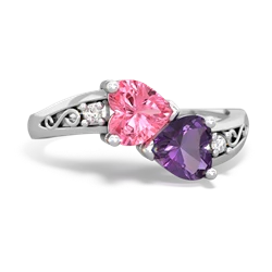 Lab Pink Sapphire Snuggling Hearts 14K White Gold ring R2178