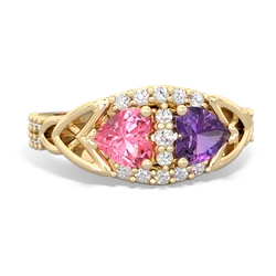 Lab Pink Sapphire Sparkling Celtic Knot 14K Yellow Gold ring R2645