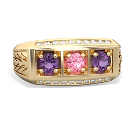 Lab Pink Sapphire Three Stone Tire Tread Men's 14K Yellow Gold ring R0520