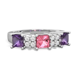 Lab Pink Sapphire Three Stone Diamond Cluster 14K White Gold ring R2592