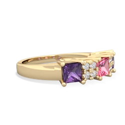 Lab Pink Sapphire Three Stone Diamond Cluster 14K Yellow Gold ring R2592