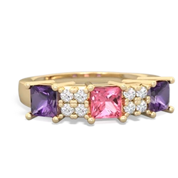 Lab Pink Sapphire Three Stone Diamond Cluster 14K Yellow Gold ring R2592