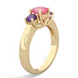 Lab Pink Sapphire Three Stone Round Trellis 14K Yellow Gold ring R4018