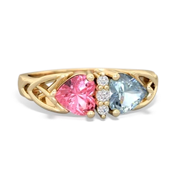 Lab Pink Sapphire Celtic Knot Double Heart 14K Yellow Gold ring R5040