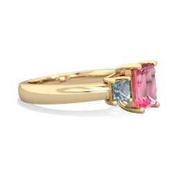 Lab Pink Sapphire Three Stone Emerald-Cut Trellis 14K Yellow Gold ring R4021