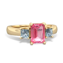 Lab Pink Sapphire Three Stone Emerald-Cut Trellis 14K Yellow Gold ring R4021