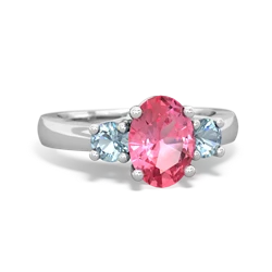 Lab Pink Sapphire Three Stone Oval Trellis 14K White Gold ring R4024