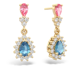 Lab Pink Sapphire Halo Pear Dangle 14K Yellow Gold earrings E1882