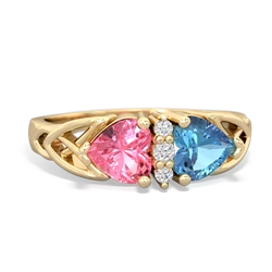 Lab Pink Sapphire Celtic Knot Double Heart 14K Yellow Gold ring R5040