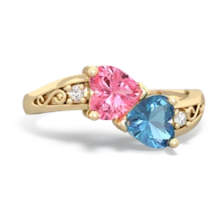 Lab Pink Sapphire Snuggling Hearts 14K Yellow Gold ring R2178