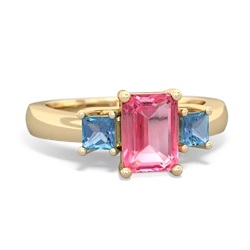 Lab Pink Sapphire Three Stone Emerald-Cut Trellis 14K Yellow Gold ring R4021