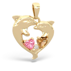 Lab Pink Sapphire Dolphin Heart 14K Yellow Gold pendant P5820