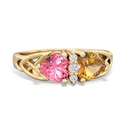 Lab Pink Sapphire Celtic Knot Double Heart 14K Yellow Gold ring R5040