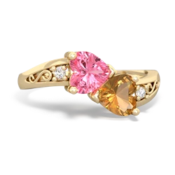 Lab Pink Sapphire Snuggling Hearts 14K Yellow Gold ring R2178