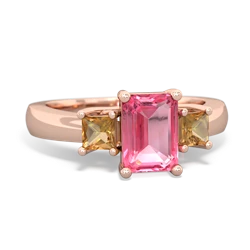 Lab Pink Sapphire Three Stone Emerald-Cut Trellis 14K Rose Gold ring R4021