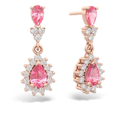 Lab Pink Sapphire Halo Pear Dangle 14K Rose Gold earrings E1882