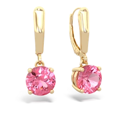 Lab Pink Sapphire 8Mm Round Lever Back 14K Yellow Gold earrings E2788