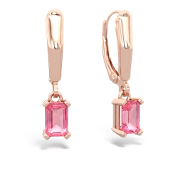 Lab Pink Sapphire 6X4mm Emerald-Cut Lever Back 14K Rose Gold earrings E2855