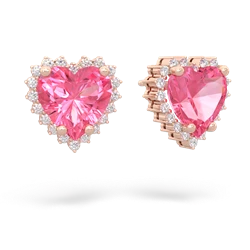 Lab Pink Sapphire Sparkling Halo Heart 14K Rose Gold earrings E0391