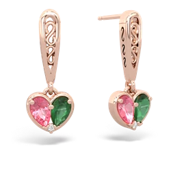 Lab Pink Sapphire Filligree Heart 14K Rose Gold earrings E5070