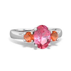 Lab Pink Sapphire Three Stone Oval Trellis 14K White Gold ring R4024