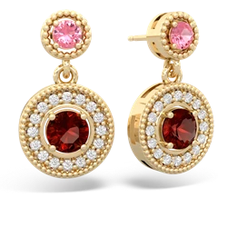 Lab Pink Sapphire Halo Dangle 14K Yellow Gold earrings E5319