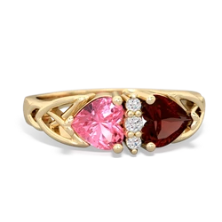 Lab Pink Sapphire Celtic Knot Double Heart 14K Yellow Gold ring R5040