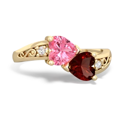 Lab Pink Sapphire Snuggling Hearts 14K Yellow Gold ring R2178