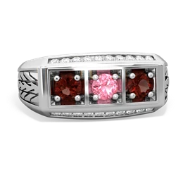 Lab Pink Sapphire Three Stone Tire Tread Men's 14K White Gold ring R0520