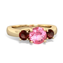 Lab Pink Sapphire Three Stone Round Trellis 14K Yellow Gold ring R4018