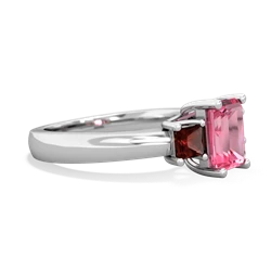 Lab Pink Sapphire Three Stone Emerald-Cut Trellis 14K White Gold ring R4021